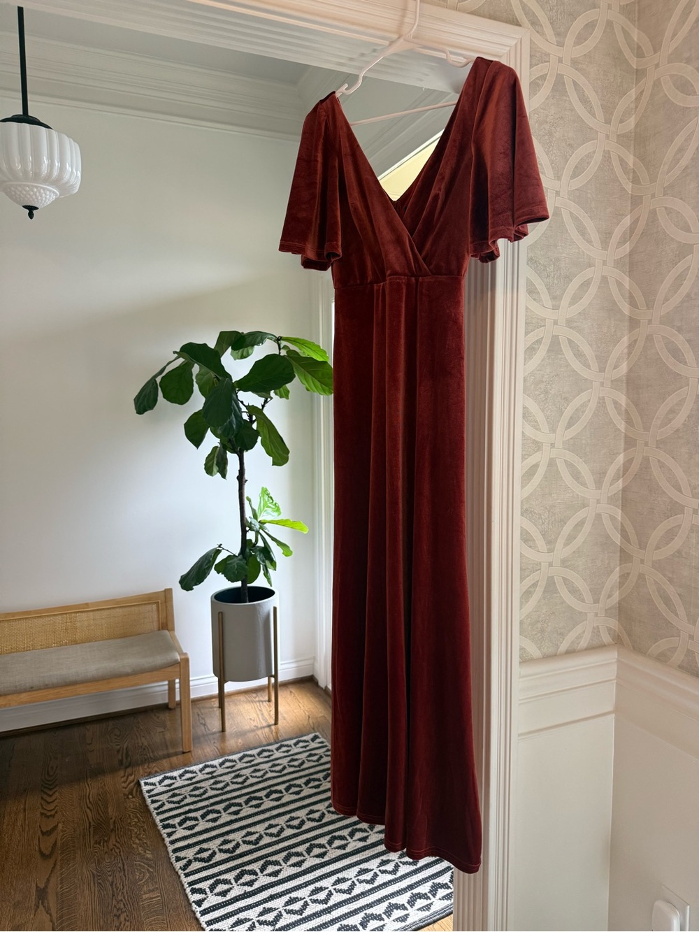 Rust Velvet Double V Maxi Dress with Flutter Sleeves